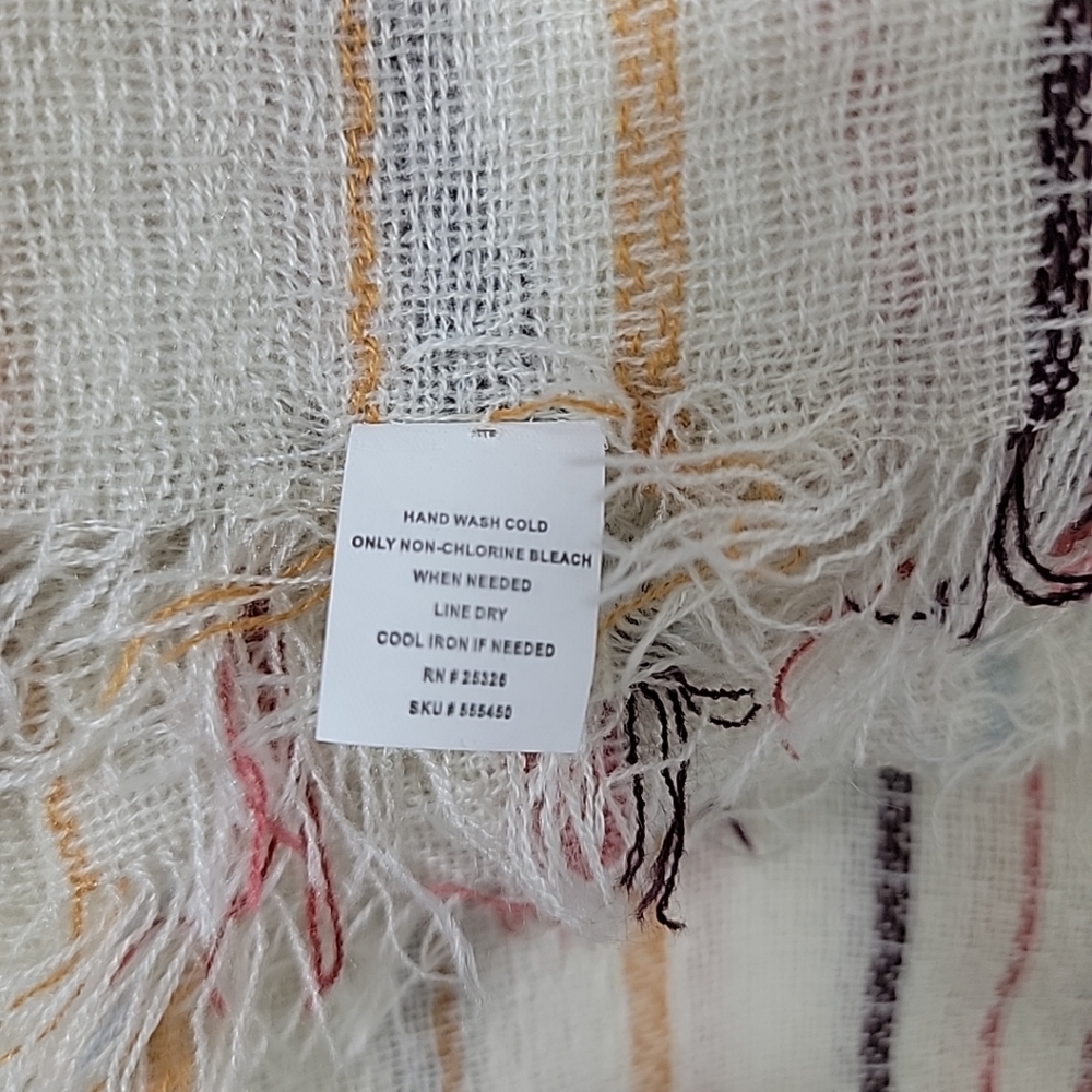 World Market Women's Ivory Red Brown Yellow Striped W/ Fringe Accent Scarf - Picture 5 of 6